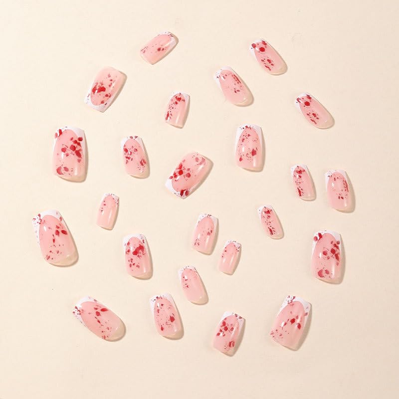 Halloween Press On Nails Medium Square with White French Tips and Blood Drop Design - Style 29, 24Pcs