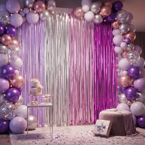 Purple and Silver Fringe Backdrop Curtains - 6.6ft Party Decor Set of 4
