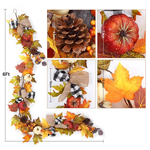 6 Ft Fall Garland Decor with Pumpkins Maple Leaves & Pine Cones for Indoor Outdoor Home Decoration