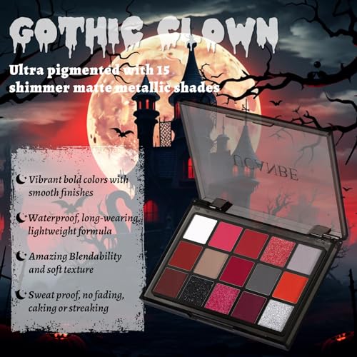Gothic Clown Eyeshadow Palette - 15 Colors Red Burgundy Gray Glitter Matte