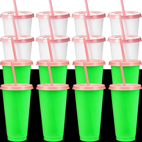 15 Pack Glow in the Dark Halloween Cups with Pink Lids - 24 oz Reusable Plastic Drinkware