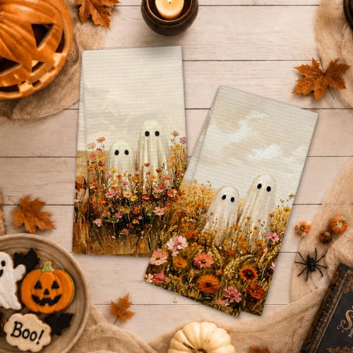 Ghost10 Halloween Ghost Floral Kitchen Towels Set of 2 - Rustic Autumn Dishcloths