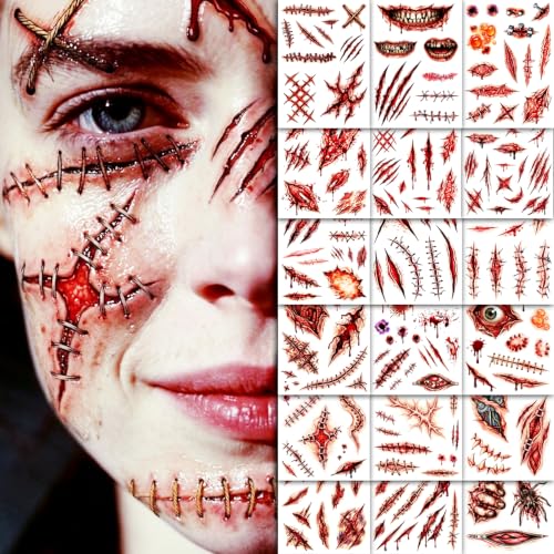 Halloween Fake Scar Tattoos for Face & Body - 18 Large Sheets, Realistic Horror Effects