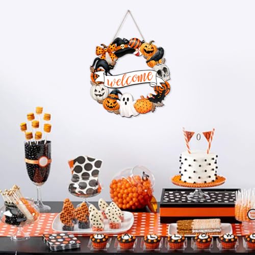 Halloween Wooden Door Sign Welcome Wreath - Spooky Holiday Decor