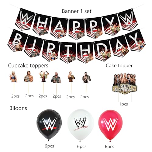 Black Wrestling Birthday Decorations Party Supplies Set with Banner, Cake & Cupcake Toppers, Balloons