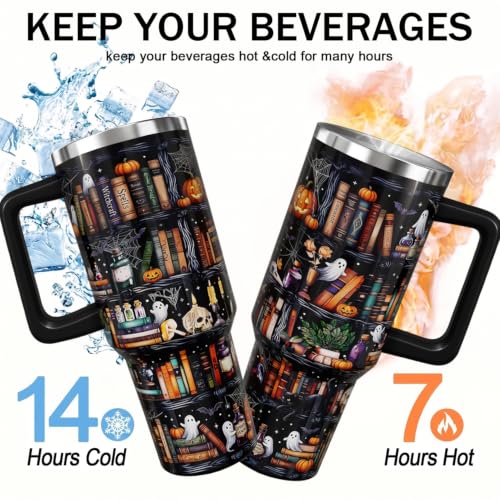 Halloween Bookshelf 40 oz Tumbler with Handle & Straw - Spooky Book Lover Gift