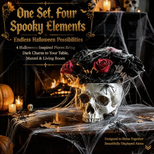 4-in-1 Gothic Halloween Skull Planter Centerpiece Set - Spooky Decor