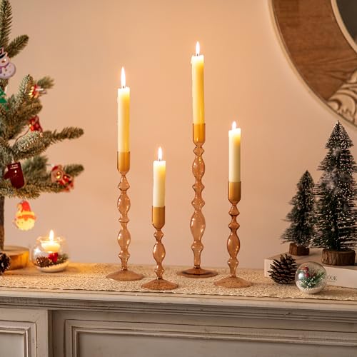 Tall Glass Candlestick Holders Set with 4 Sizes - Fall Decor, Amber Variation 2 (S+M+L+XL)