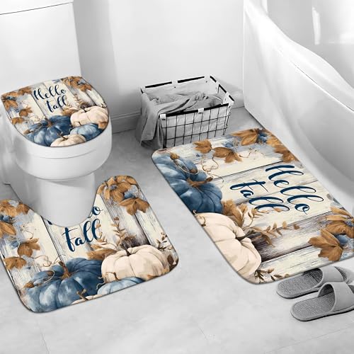 Blue Pumpkin Fall Shower Curtain Set with Bath Mats - Rustic Autumn Bathroom Decor