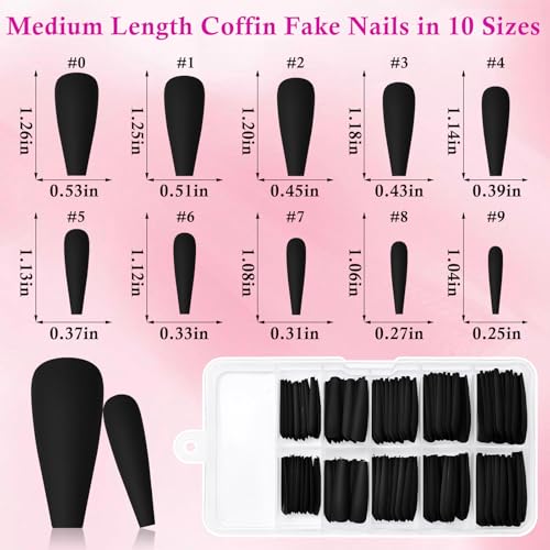 Black Long Coffin Press On Nails Set - 120 Pc Matte Fake Nails with Glue
