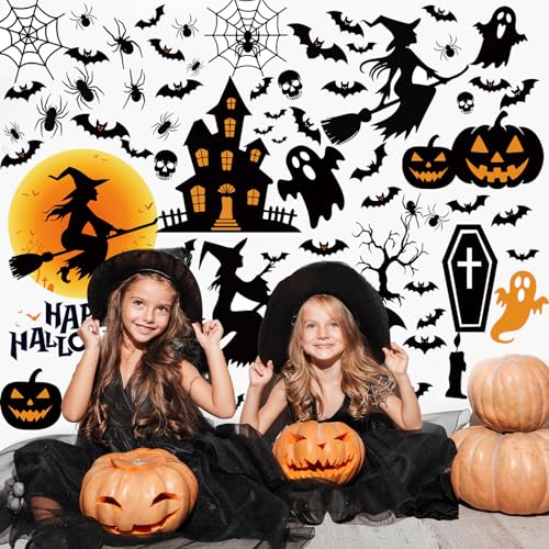 Halloween Witch Wall Sticker Decals - 6 Sheets, Spooky Ghost Bat Pumpkin