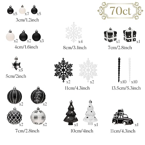 70-Pack Holiday Christmas Tree Ornaments Set - Black & White Shatterproof Decorations
