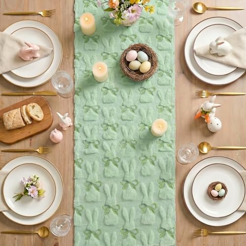 Sage Green Faux Fur Bunny Bow Table Runner 13x72 Inch Easter Spring Decor