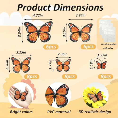36 Pcs Monarch Butterfly Decoration Set in 5 Sizes for Home & Event Decor