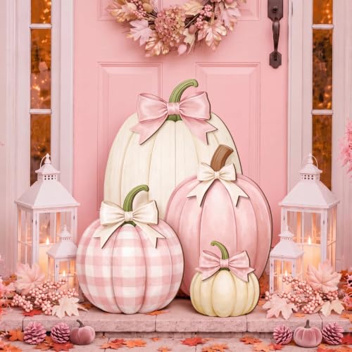 Fall Pink Pumpkin Decor Set with Bows - Outdoor Porch Halloween Autumn