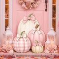 Fall Pink Pumpkin Decor Set with Bows - Outdoor Porch Halloween Autumn