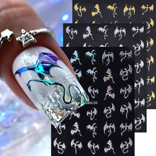 Halloween Nail Stickers for Nail Art Metallic Bat & Dragon Decals 6 Sheets
