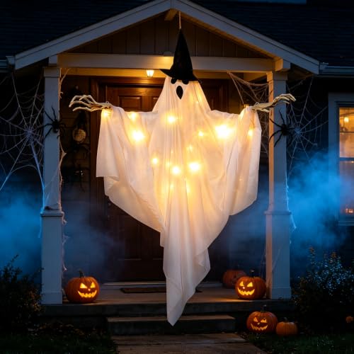 Halloween Hanging Ghost Decor - White & Black, Indoor Outdoor Spooky Ghosts with Lights - 70cm