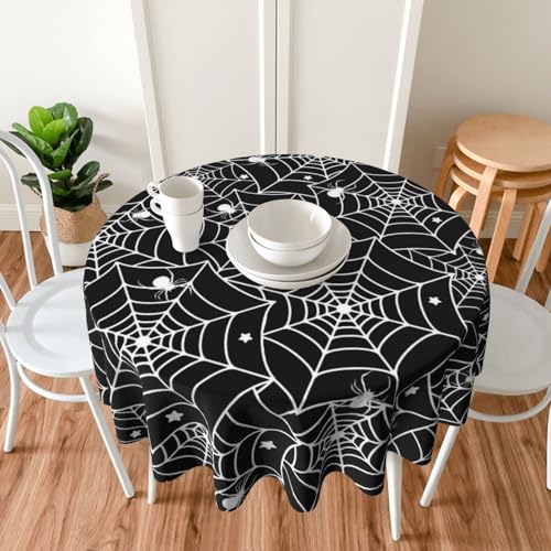 Spider Web Round Tablecloth 70 Inch Halloween Party Cover - Black & Spider Web Pattern