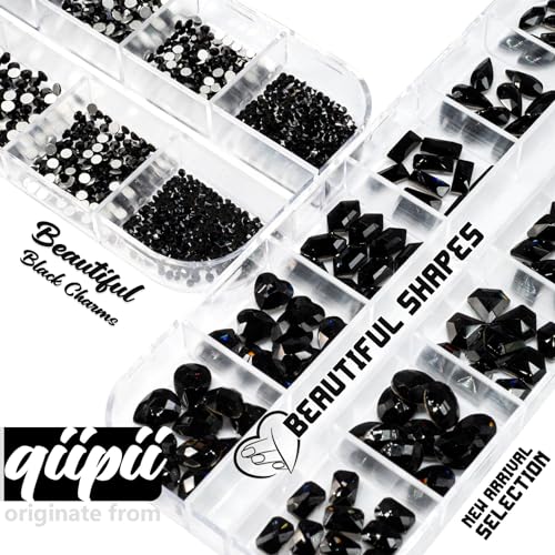 Black Nail Rhinestones Set with Multi-Shaped Flatback Gems - 4080 Pcs with Tweezer & Pickup Pen - Jet Black