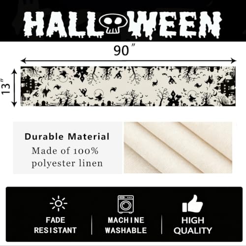 Halloween Table Runner Black 13x90 Inch Spooky Dining Decor