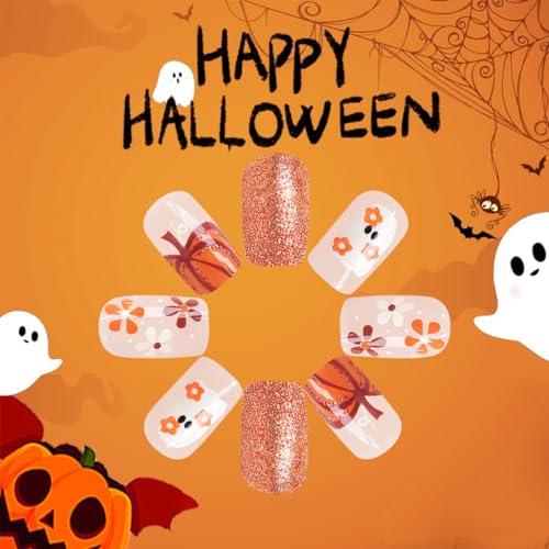 Halloween Fake Nails Kit Ghost Pumpkin Design - Medium Square Press on Nails, 24Pcs with Glitter Fall Decoration - Variation of Ghost Pumpkin Fake Nails 25