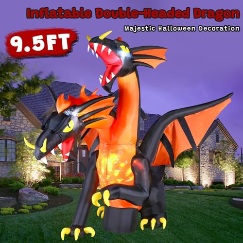 Giant Halloween Inflatable Double Headed Dragon - 9.5 FT Outdoor Yard Decoration with LED Lights