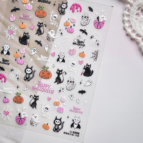 Halloween Nail Stickers 5D Embossed Ghost Pumpkin Spider Web Skeleton Design - Style36