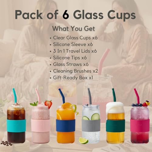 Glass Drinking Cups with Lids & Straws - Water Tumblers, 6 Pack