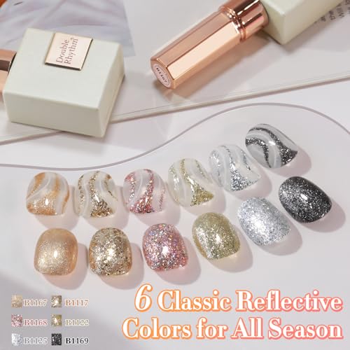 Double Rhythm Glitter Gel Polish Set - 6 Colors, 15ml Full Size Kit with Display - Platinum Glitter Variation