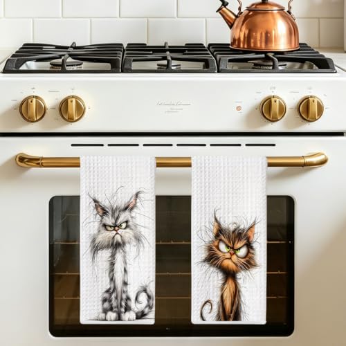 2 Pcs Funny Cat Kitchen Towels - Multi 1637 Cute Cat Gift Reusable Hand Towels
