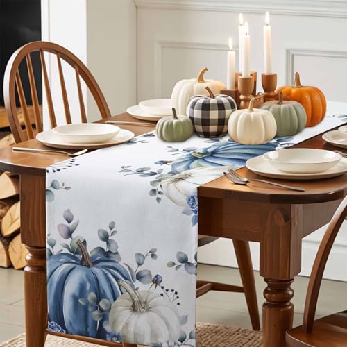 Fall Thanksgiving Table Runner 13 x 90 Inches Grey Blue Pumpkin Eucalyptus