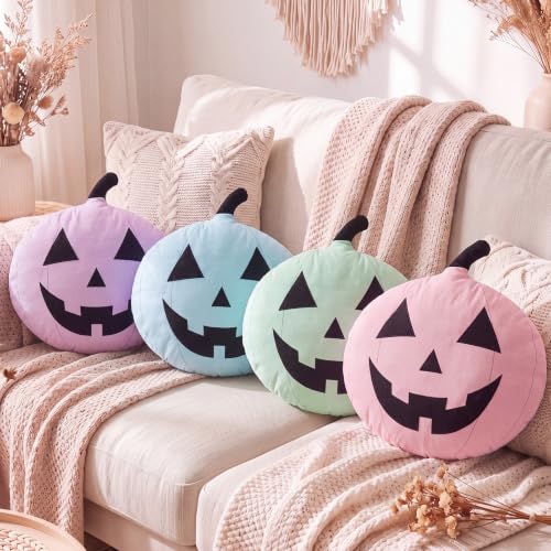 Pastel Halloween Pumpkin Pillow Set of 4 - Soft Velvet Fall Decor