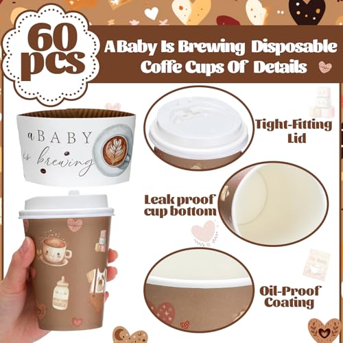 Baby Is Brewing Coffee Cups Set - 60pcs 14oz Disposable Cups with Lids & Sleeves, Brown Variation