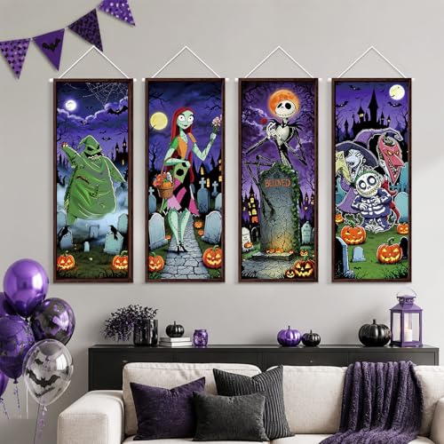 Halloween Decorations Set - 4 Retro Holiday Porch Banners for Doorway & Wall Decor