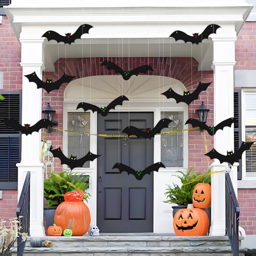 Halloween Hanging Bat Decorations with Glowing Eyes - 12PCS Outdoor Indoor Decor