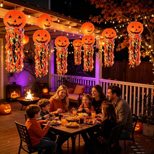 Orange Halloween Pumpkin Hanging Paper Lanterns Set - 12 Pieces Party Decor