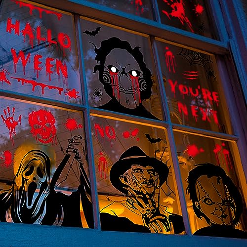 Auzesto Scary Halloween Window Clings Set - Bloody Handprints, Footprints & Ghosts, Waterproof, Retro Style, 9 Sheets