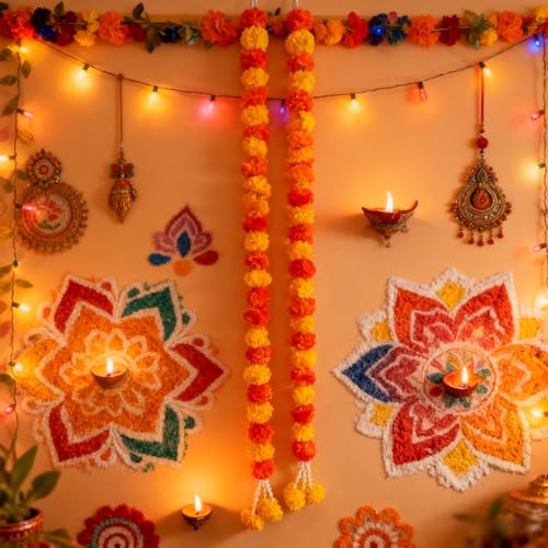 Artificial Marigold Garlands for Diwali & Festival Decorations - 2 Pack 4.9ft Long Flower Strands
