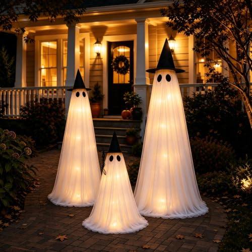 Light Up Ghost Halloween Decorations Outdoor - 3 Pack Adjustable Tall & Small Ghosts with Remote