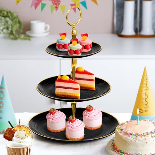 Black Gold 3-Tier Cupcake Stand Plastic Dessert Display for Parties