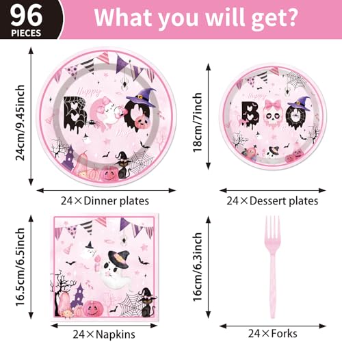 Happy Boo Day Halloween Party Disposable Tableware Set for 24 Guests - Pink Ghost & Pumpkin Design
