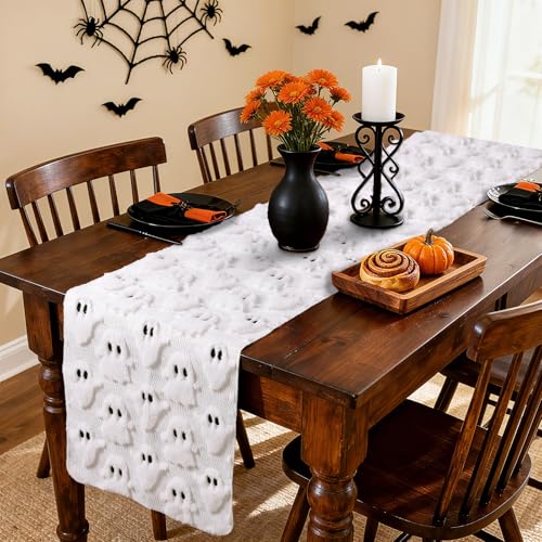 Halloween 3D Ghost Jacquard Table Runner - White, 13 x 72 Inch for Festive Decor