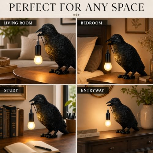 Gothic Crow Table Lamp with Edison Bulb, Halloween Indoor Decor, Resin Figurine, 9.5 Inch