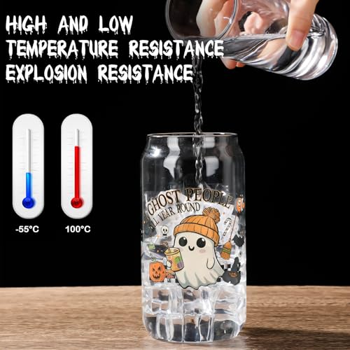Cute Halloween Glass Cups Set with Bamboo Lids & Straws - Ghost & Pumpkin Design, 16oz - 4 Pack