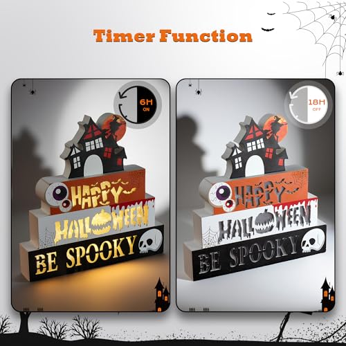 Halloween Indoor 9.4" 4-Tier Wooden Block Set with Glowing 3D Letters & Witch's House Topper — Spooky Decor