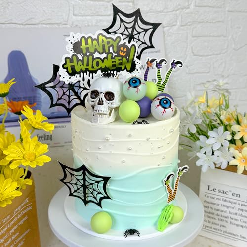 Halloween Cake Topper Skull Spider Webs Eyeballs Foam Balls Decorations