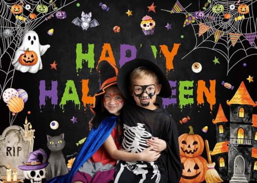 Halloween Photo Backdrop 7x5FT Spooky Pumpkins Ghosts Haunted House Banner - Vinyl Halloween Decoration