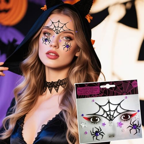Halloween Glitter Spider Face Sticker - Black Spider & Web with Gems, Waterproof & Self-Adhesive, for Makeup & Cosplay - Black Variation