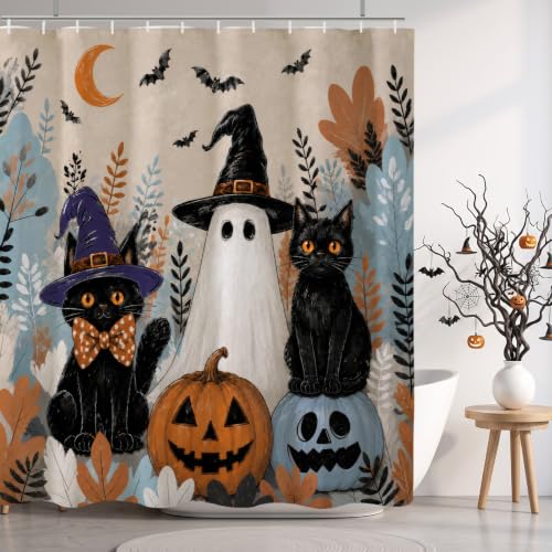 Ghost Black Cat Halloween Shower Curtain 72x72 Inch - Waterproof & Durable Fabric